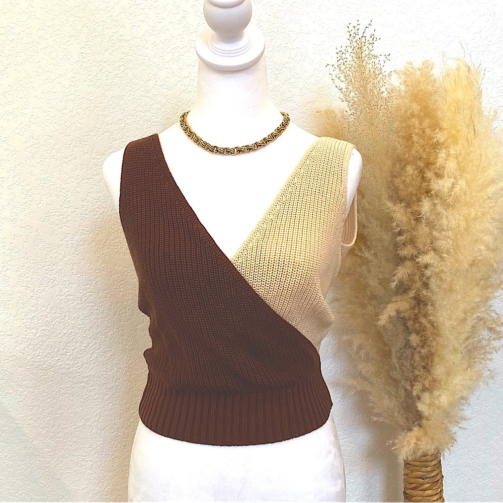 Francesca sleeveless beige and brown cross body top.